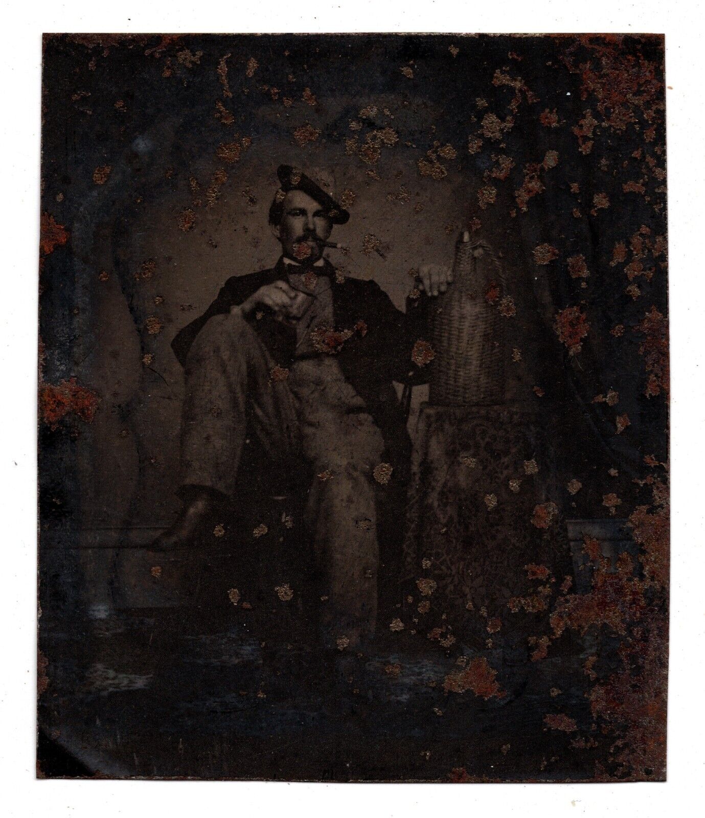 C. 1860s 1/6TH PLATE TINTYPE MAN DRINKING FROM KEG AND SMOKING CIGAR LAID BACK