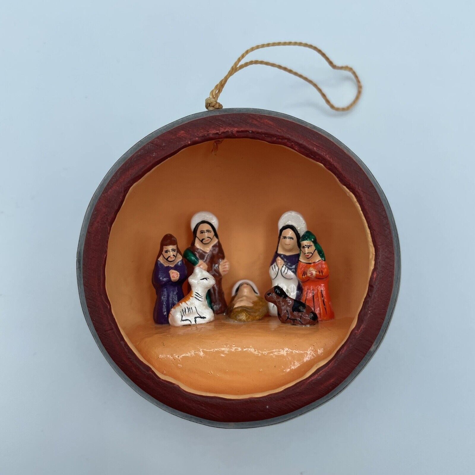 Nativity Christmas Ornament Hand Carved Painted Gourd Diorama Handmade VTG