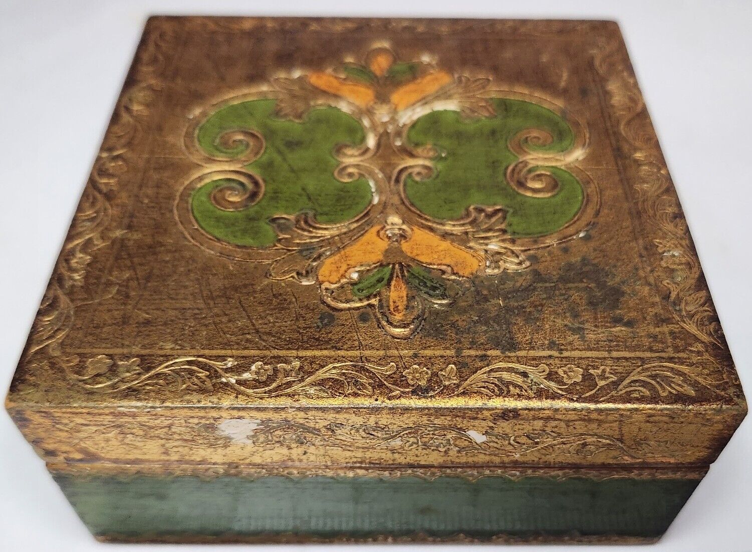 Antique Italian Handmade Florentine Gilded Gold/Green Wooden Portait Box