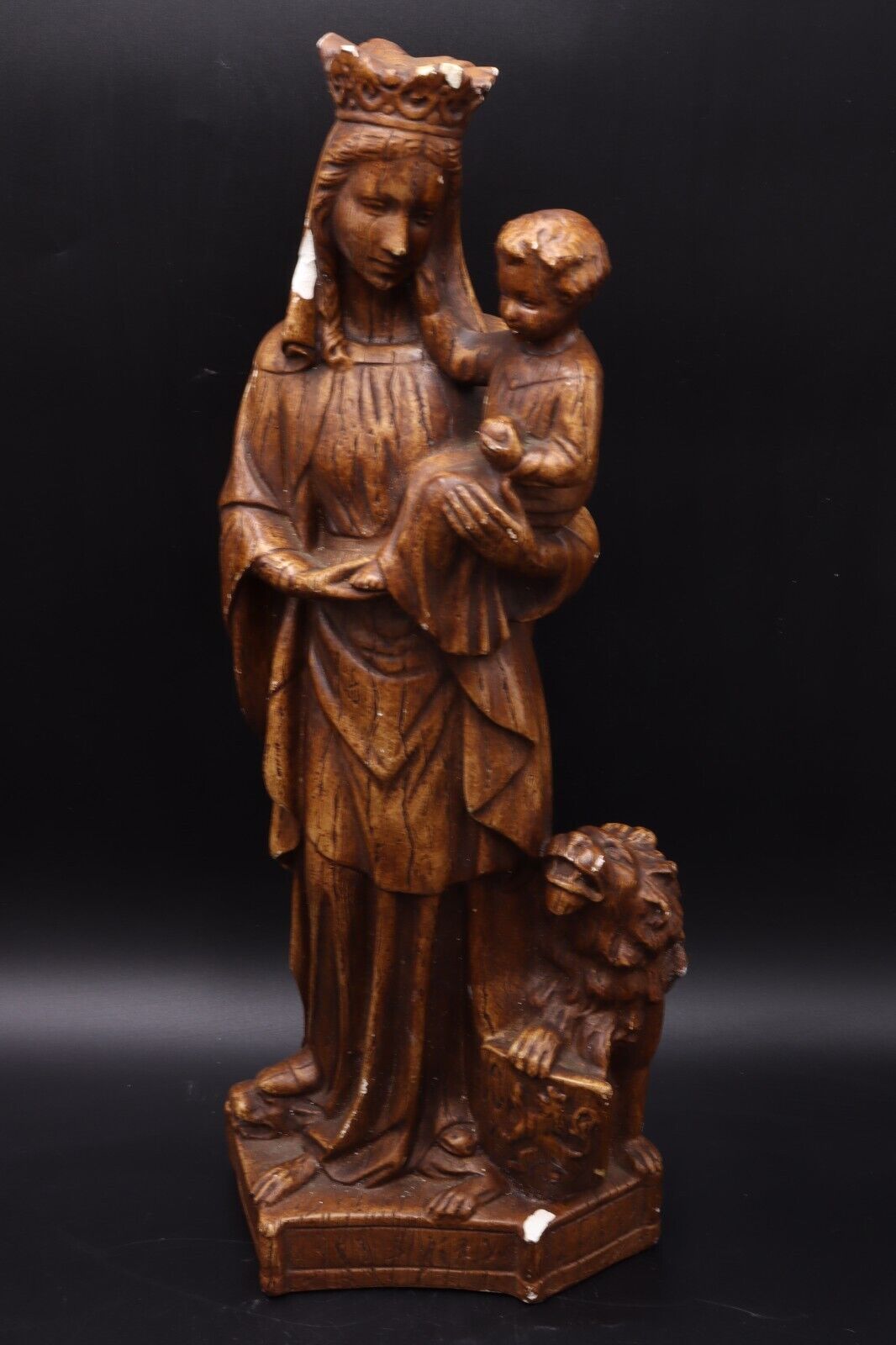 Large Neo-Gothic statue of crowned Mary with child Jesus lion circa 1900 Antique