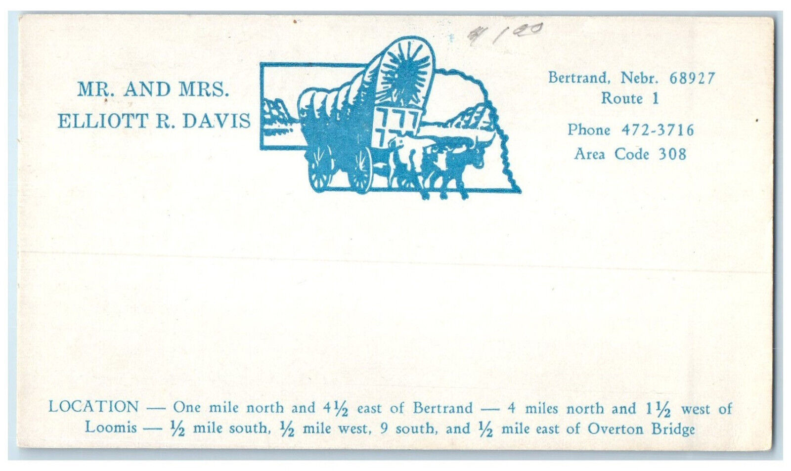 c1950\'s Mr and Mrs. Elliot R Davis Bertrand Nebraska NE Unposted Postal Card