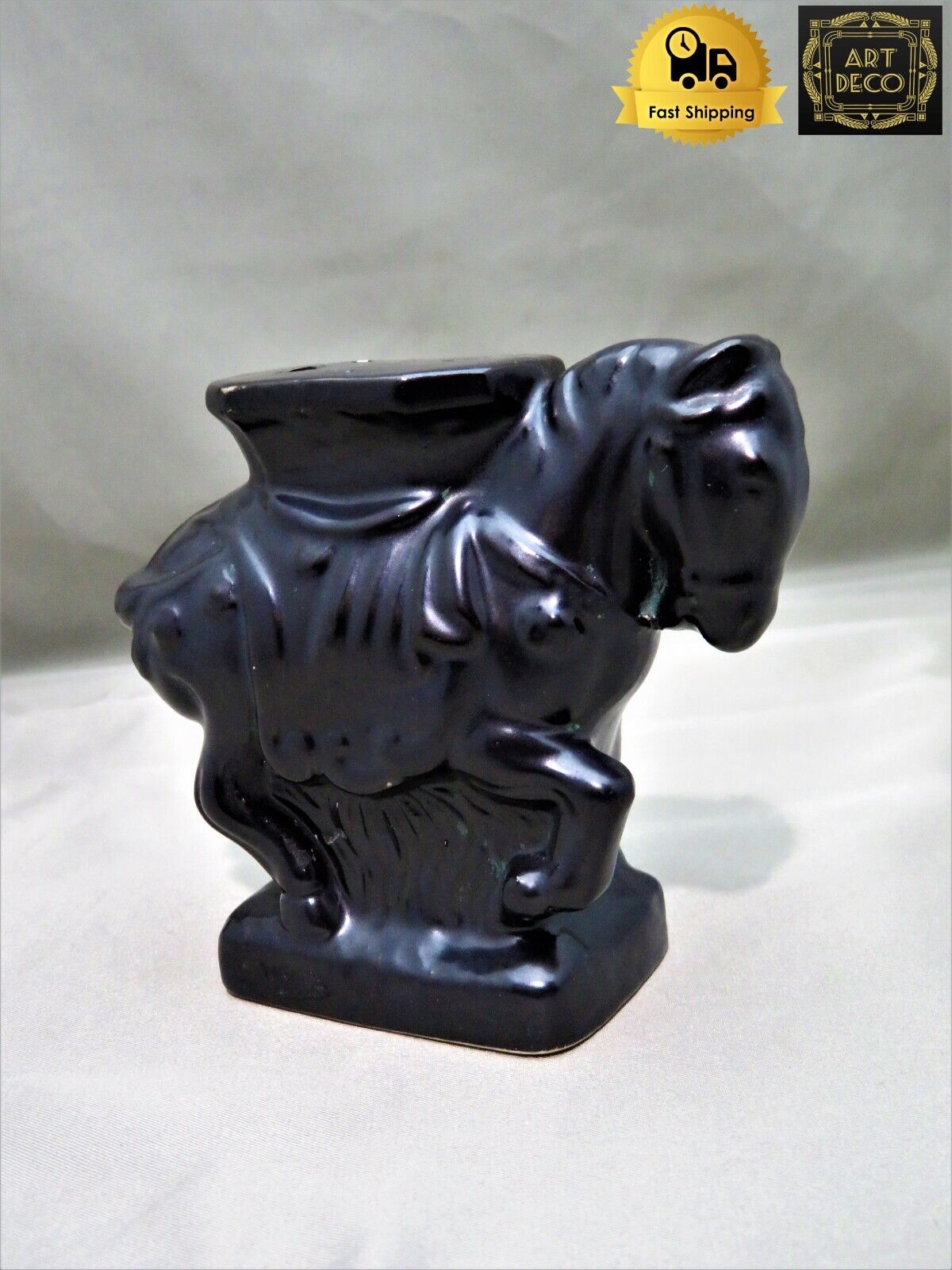 Rare Vintage 1940s Pottery Art Deco incense Burner Figure Black Pottery Horse
