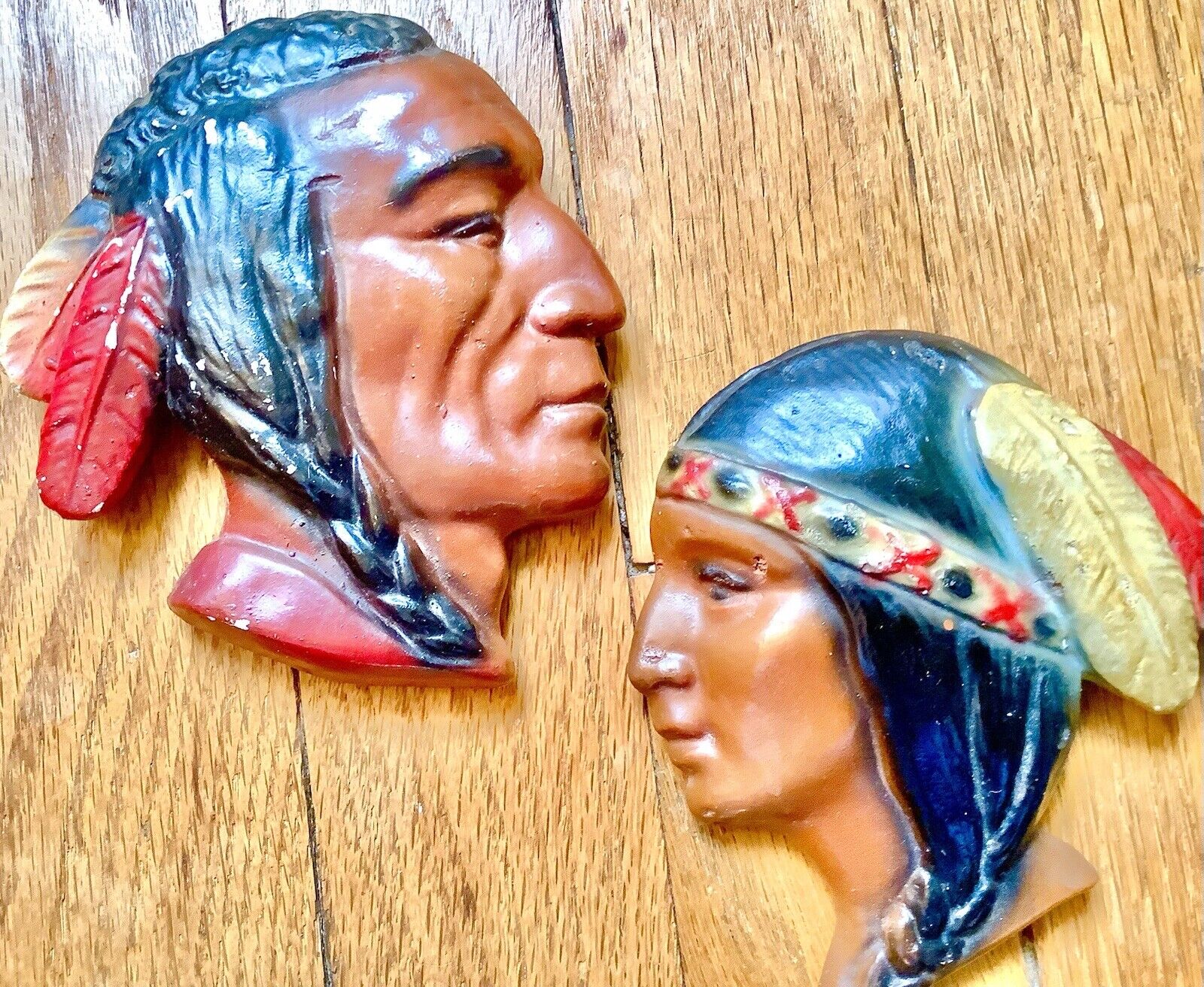 Vintage INDiAN Wall Hanging 50s Chalkware SET MAIDEN Native American Chief ESTAT