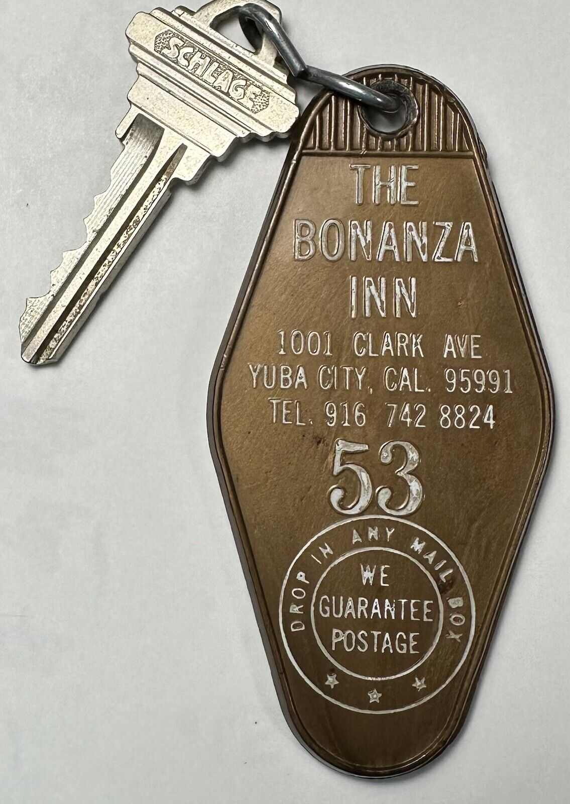 1960s THE BONANZA INN Hotel Room Key & Fob #53 Yuba City California