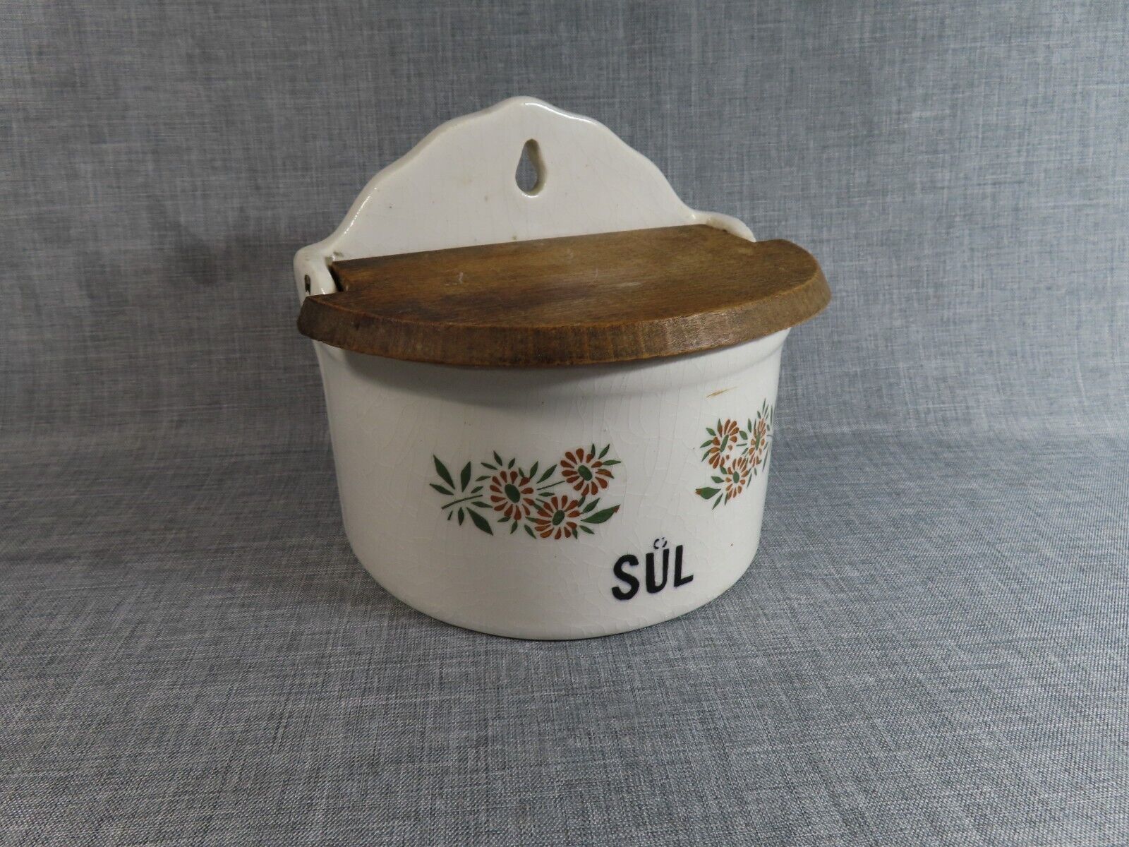 Vintage Ceramic Wall Salt Box with Wood Lid - made in Czechoslovakia. 