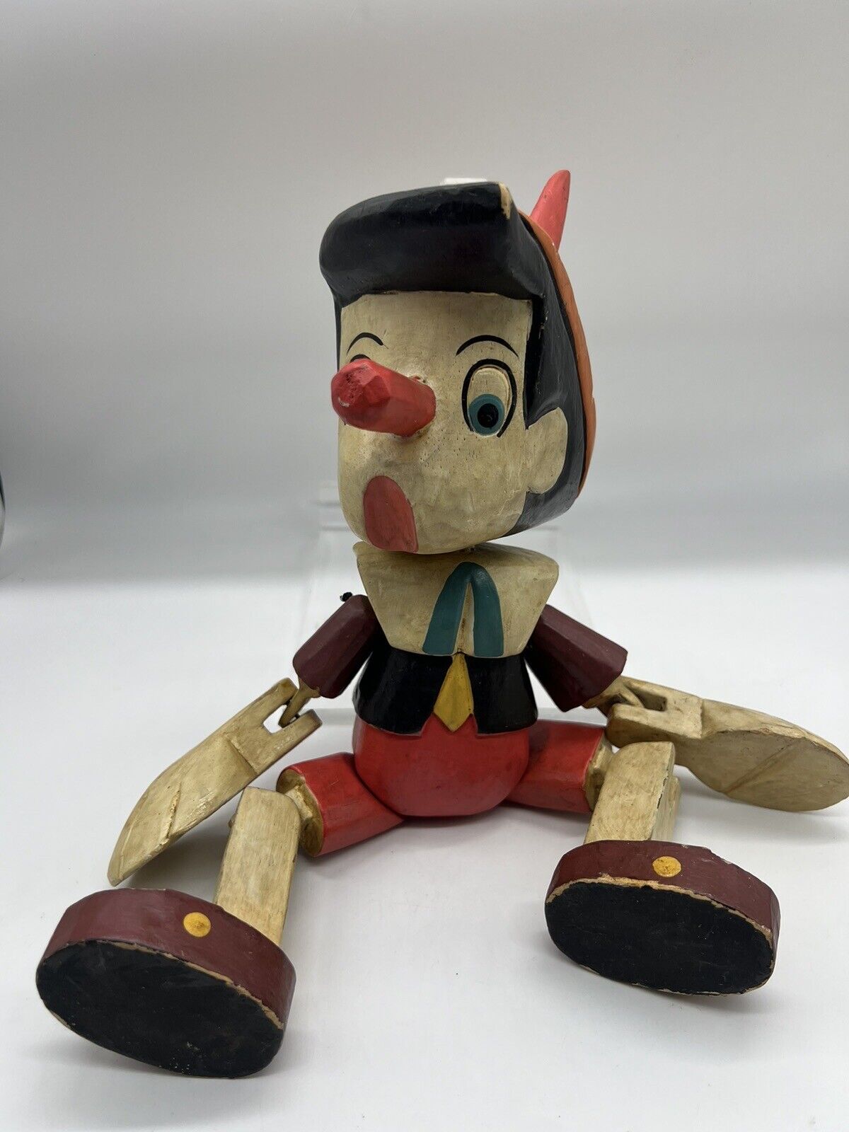 Vtg Disney Pinocchio Carved Painted Wood Articulated Shelf Sitter Doll Puppet