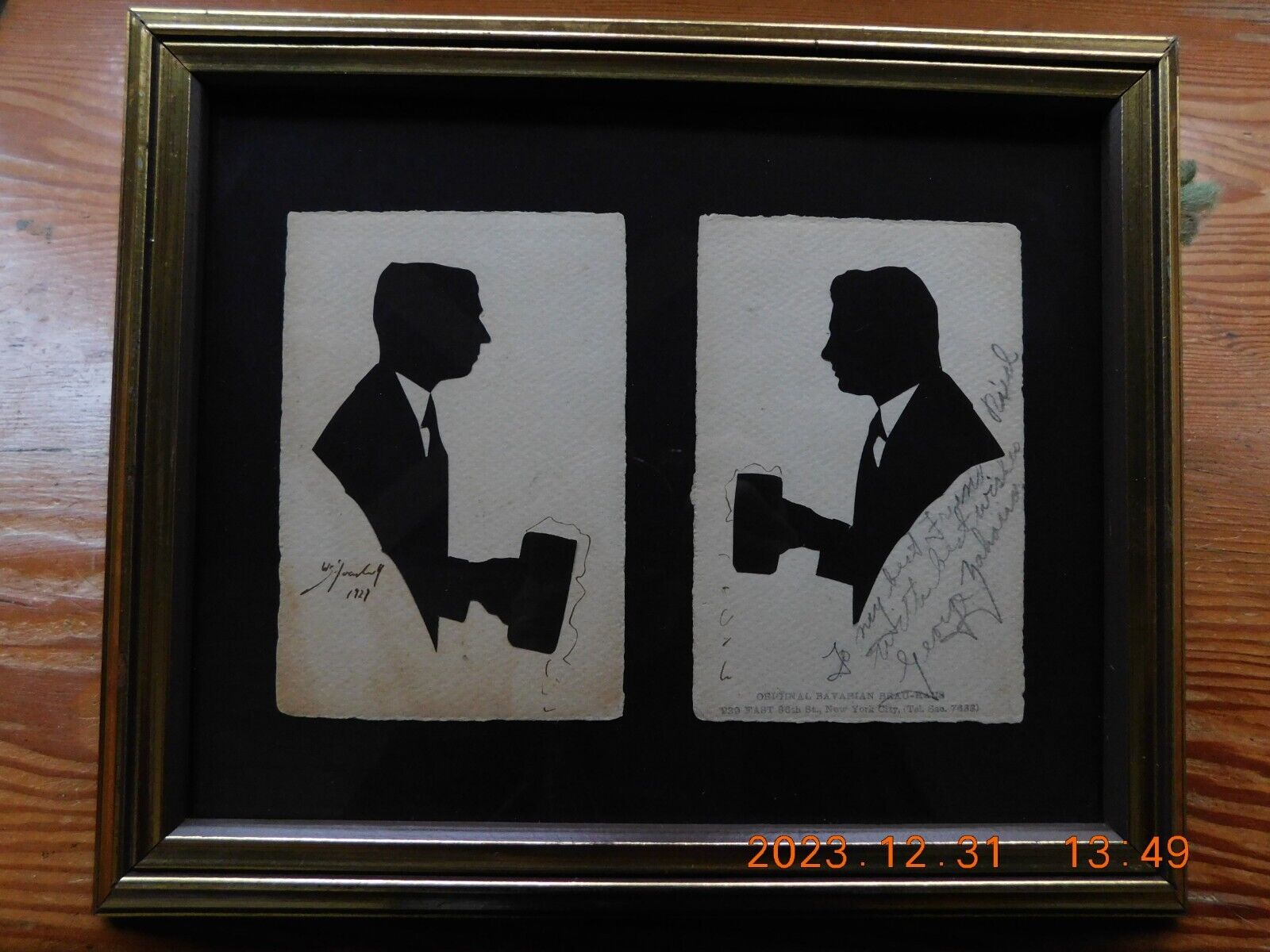 1927 signed silhouettes of  wrestler George Zaharias and friend at Brau-Haus NYC