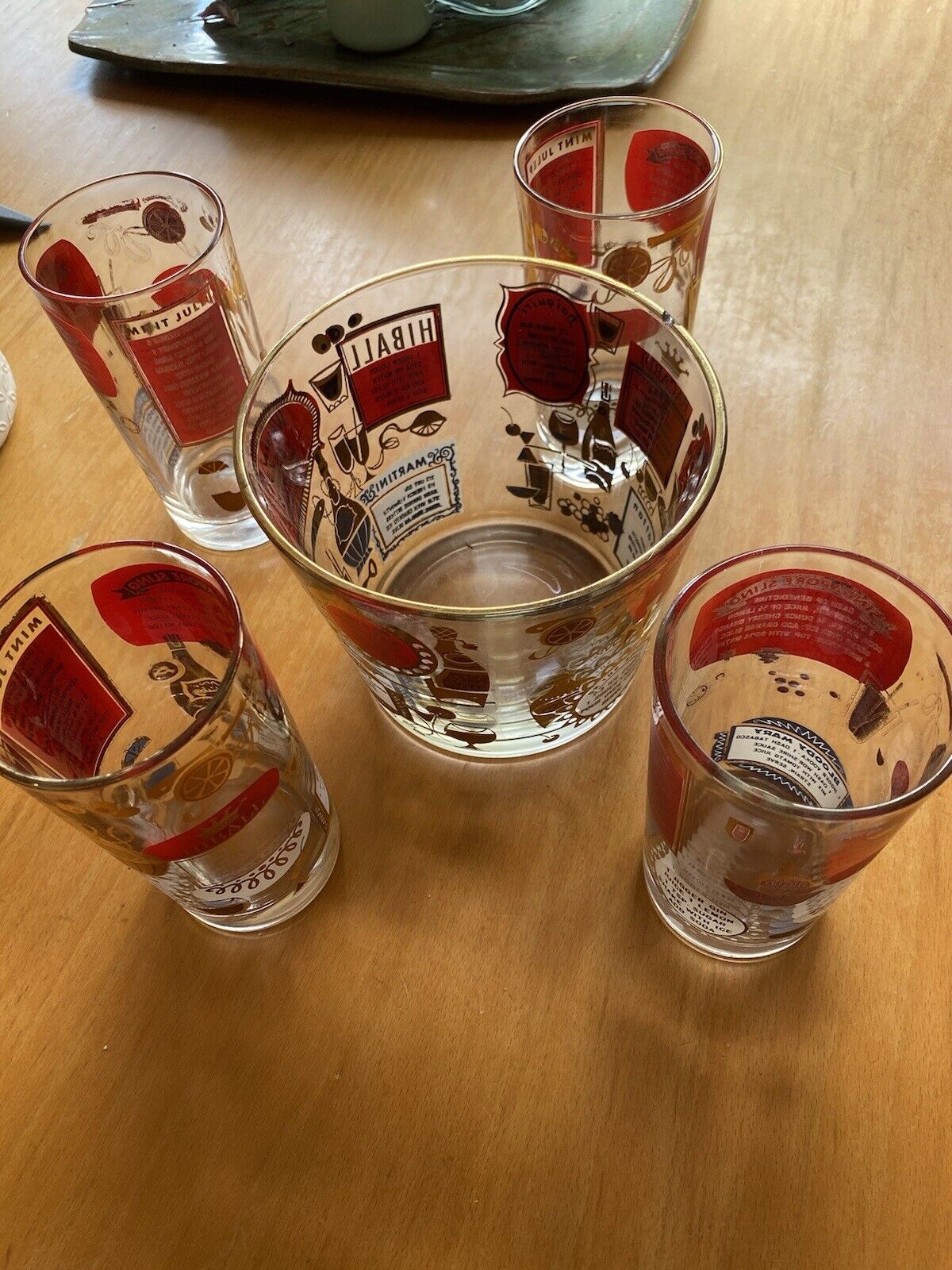VINTAGE 60s MCM Jeannette Glass Company hi-ball glasses & Ice Bucket, Red Gold