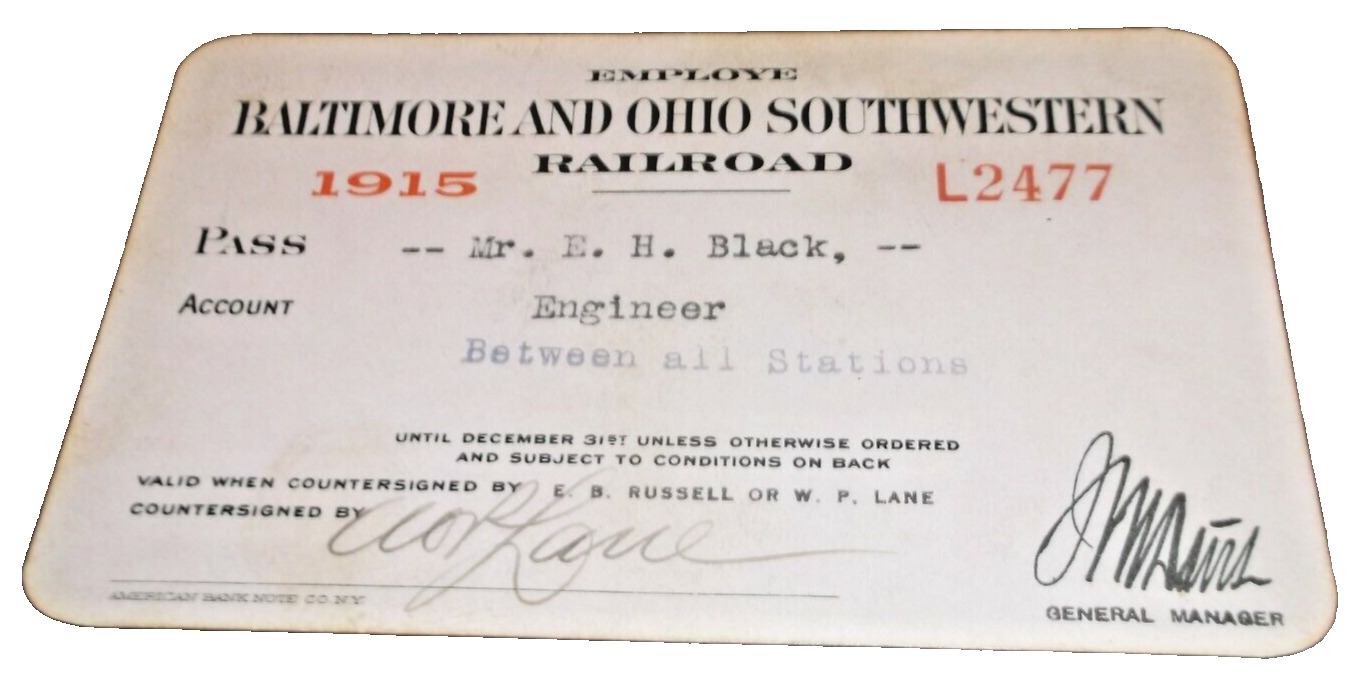 1915 BALTIMORE & OHIO SOUTHWESTERN RAILROAD EMPLOYEE PASS #2477