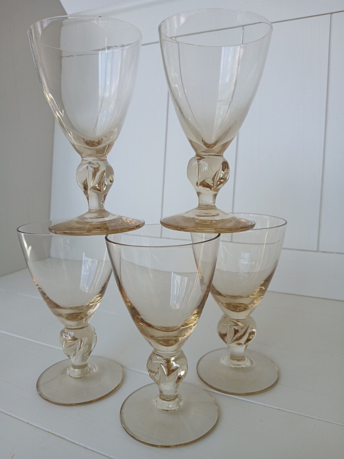 Set 5 Beautiful  Hand Blown Gold Tone Water/Wine Goblets 