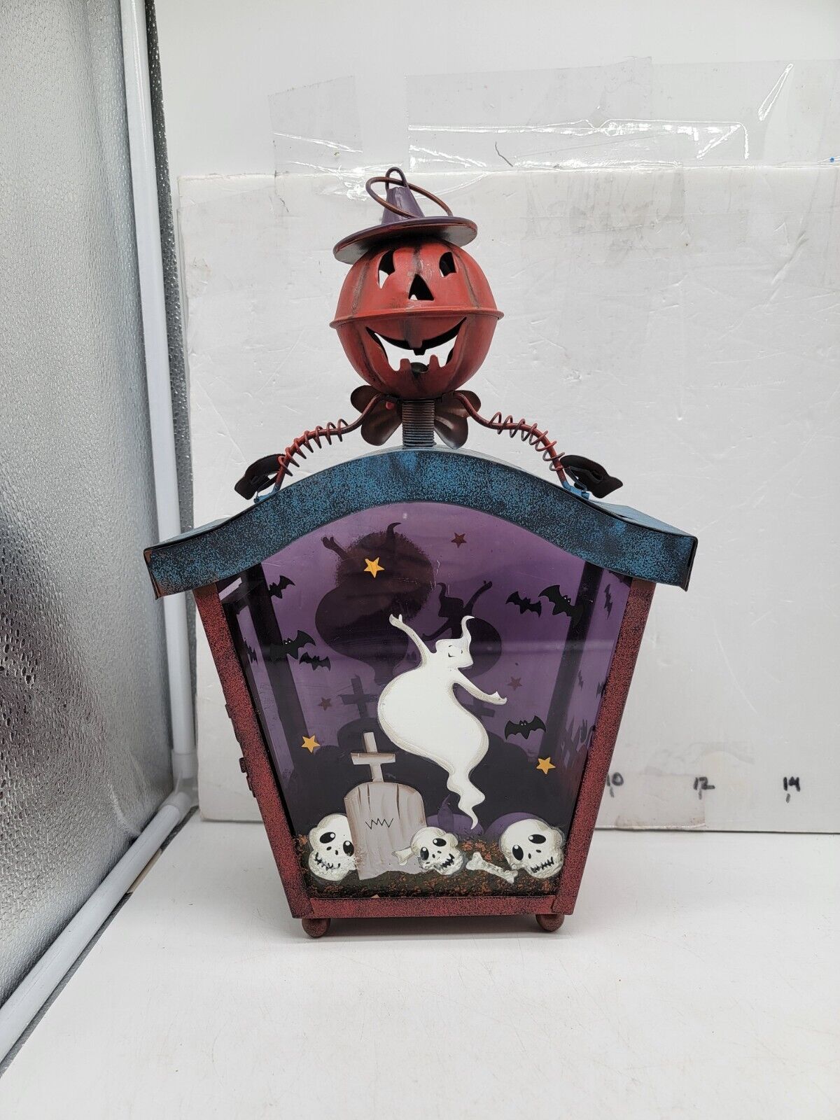 Halloween Glass and Metal Lantern With Ghosts Jack o Lantern head Hanger