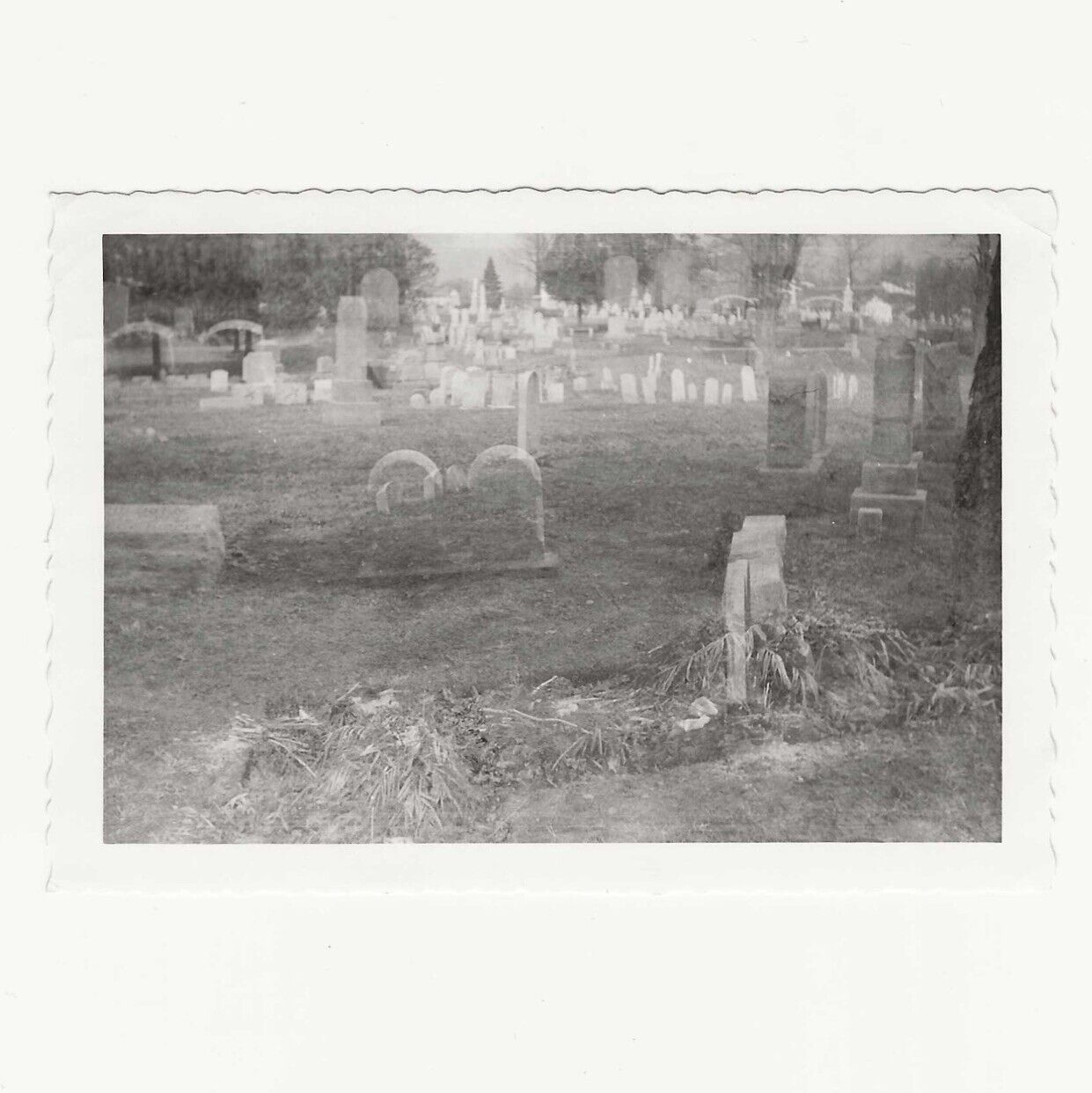 Spooky Vintage Snapshot Double Exposure Photo Grave Cemetery Graveyard