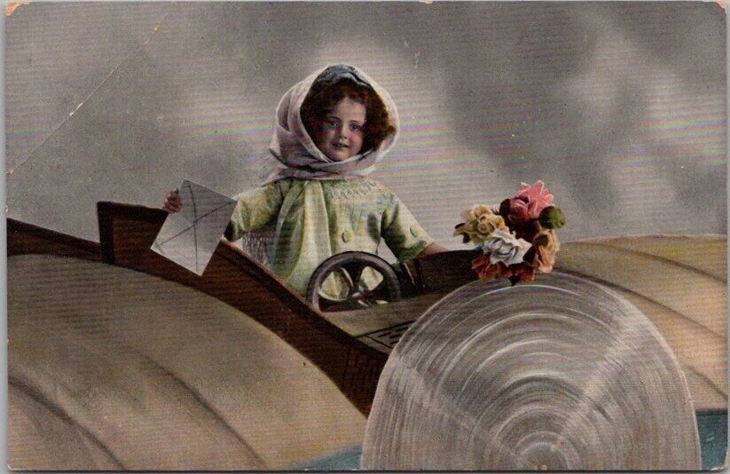 Vintage 1910s GEL Greetings Postcard Little Girl in Airplane w/ Letter / Flowers