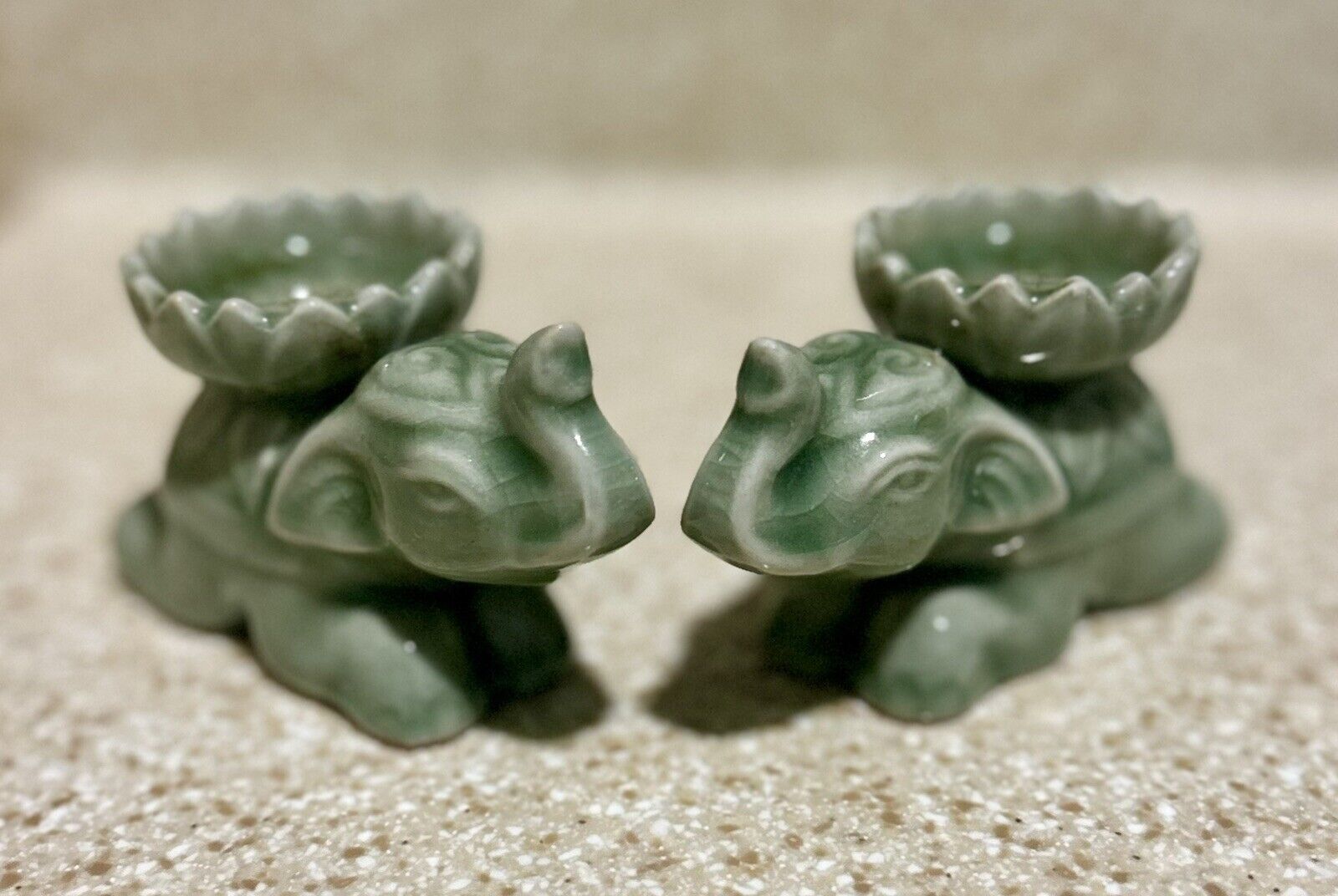 Pair of Vintage Jade Green Ceramic Elephant Incense Burners