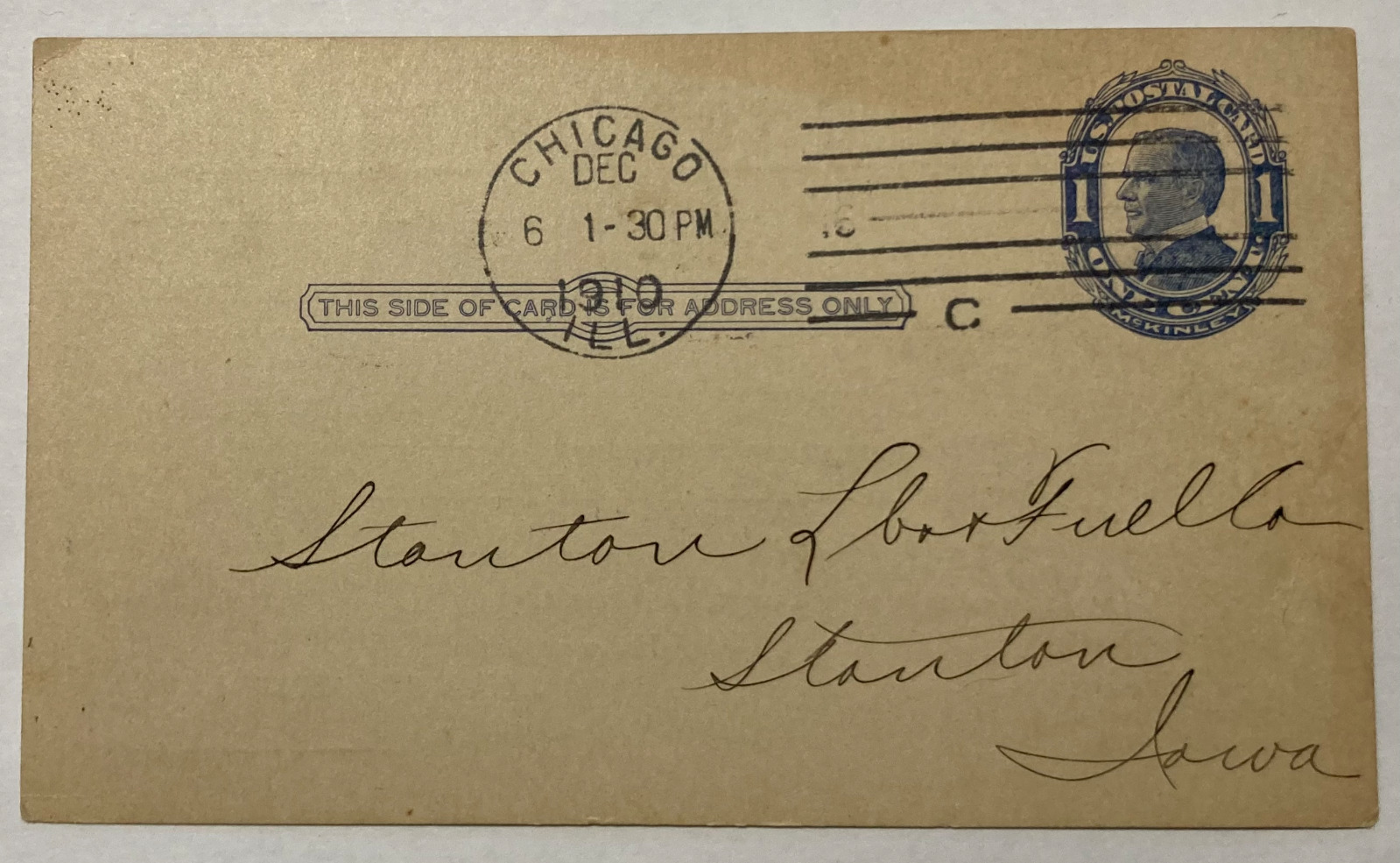 McKinley One Cent Postcard 1910 postage stamped