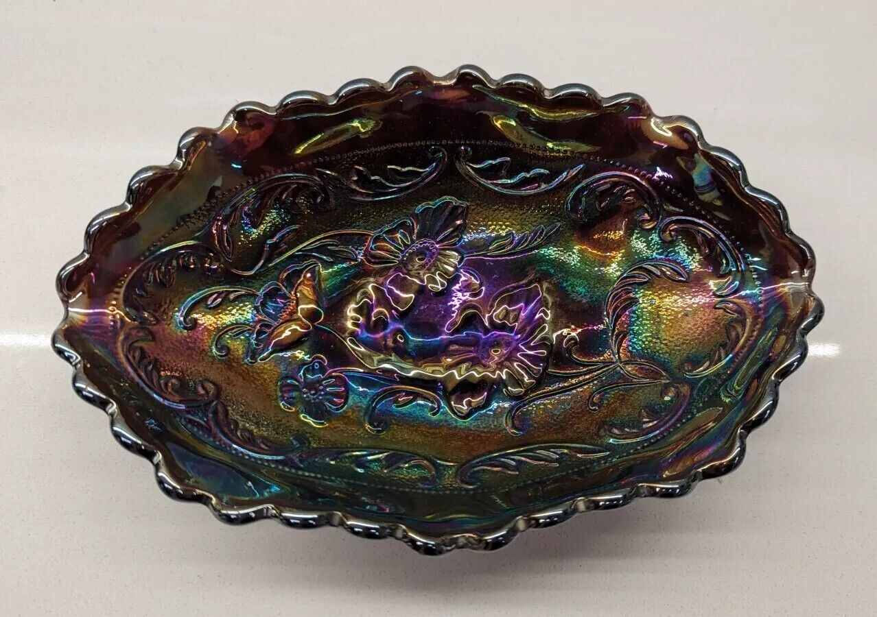 Vintage Fenton Carnival Glass Trinket Dish Floral Scalloped Edges Amethyst 