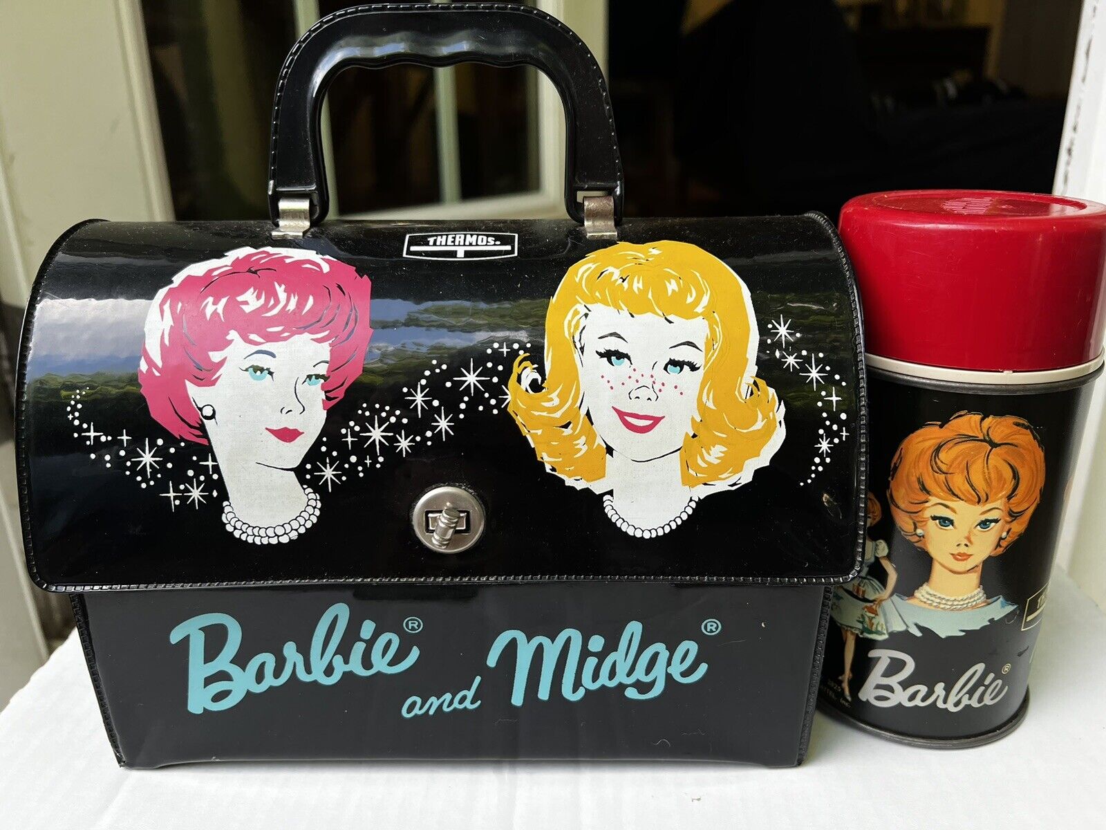 Vintage 1965 Barbie & Midge Dome  Black Vinyl Lunchbox with Thermos  Mattel, Inc