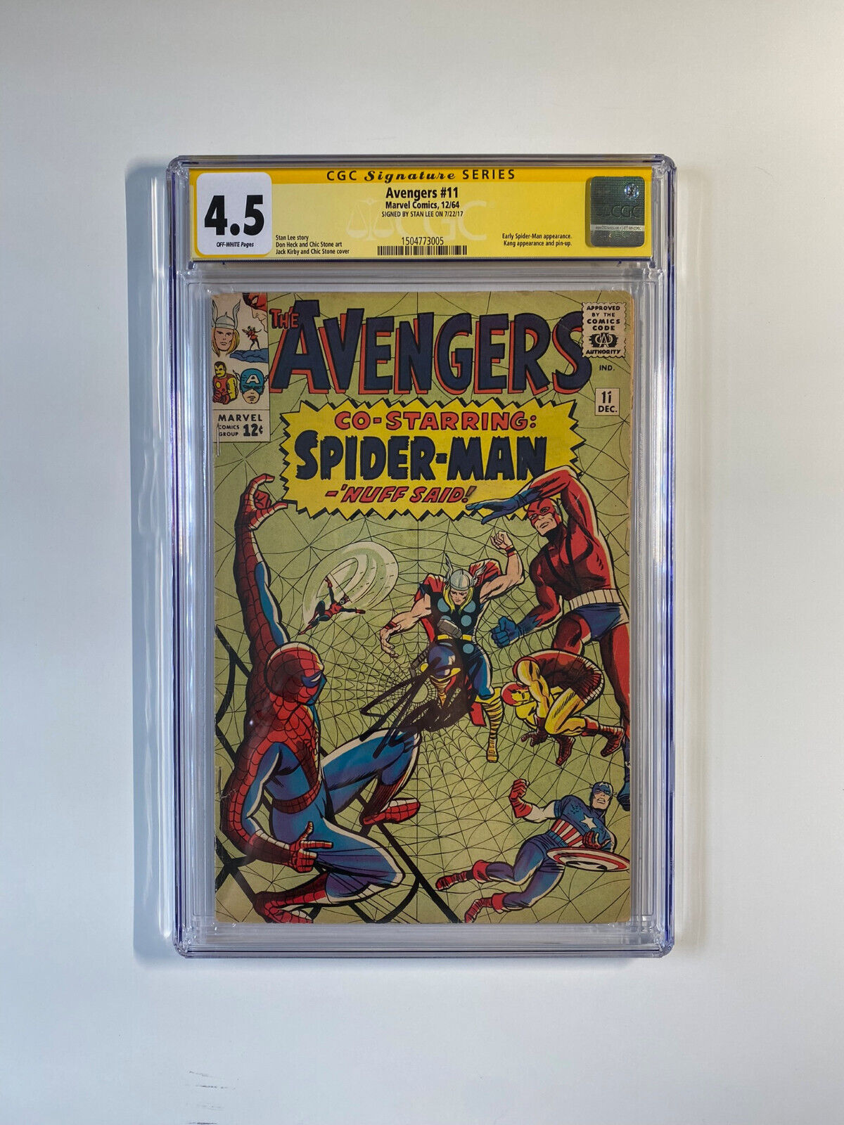 Avengers 11 CGC 4.5 12/64 Signed by Stan Lee Early Spider-Man appearance