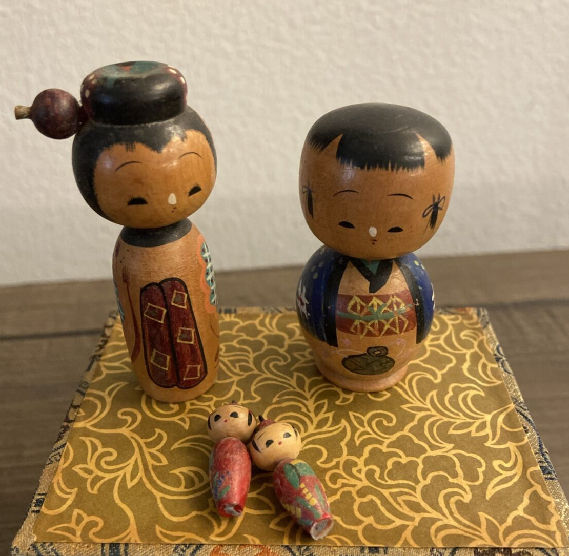 Vintage Japanese Wooden Wobbly Heads Kokeshi dolls Lot Of 4