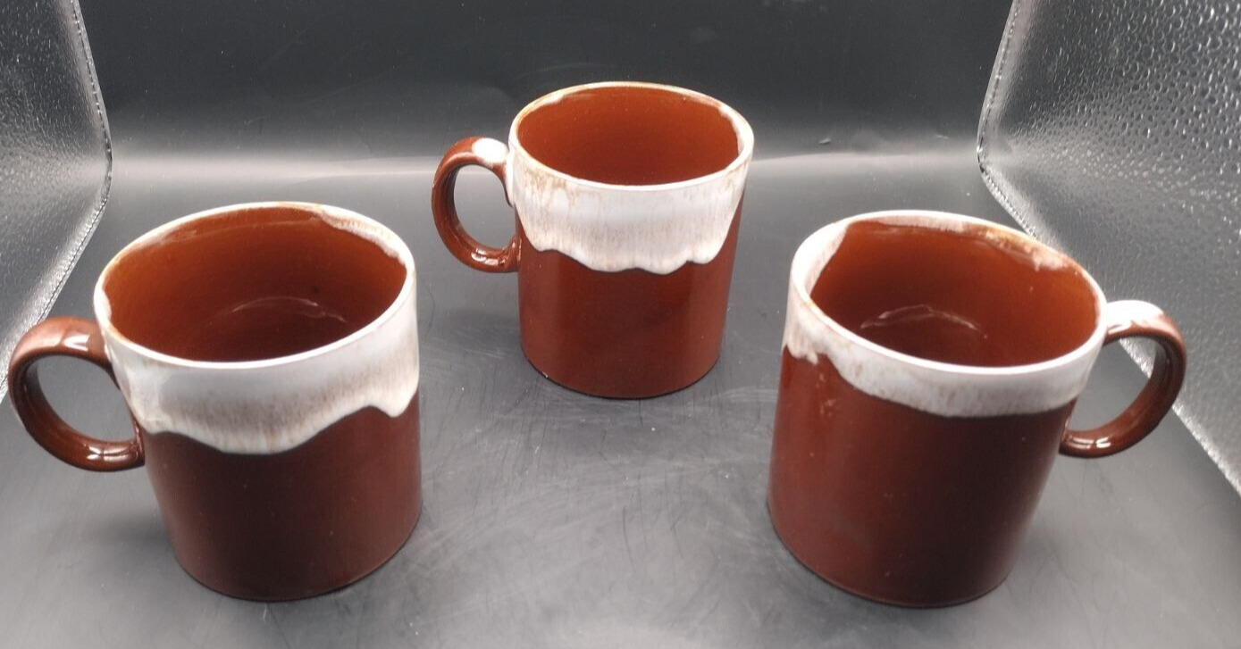 VINTAGE SET Of 3 BROWN DRIP GLAZE COFFEE MUGS CUPS MCM 