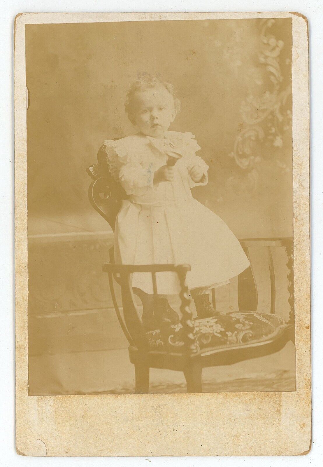Antique c1880s Cabinet Card Adorable Little Child Standing on Chair With Bell
