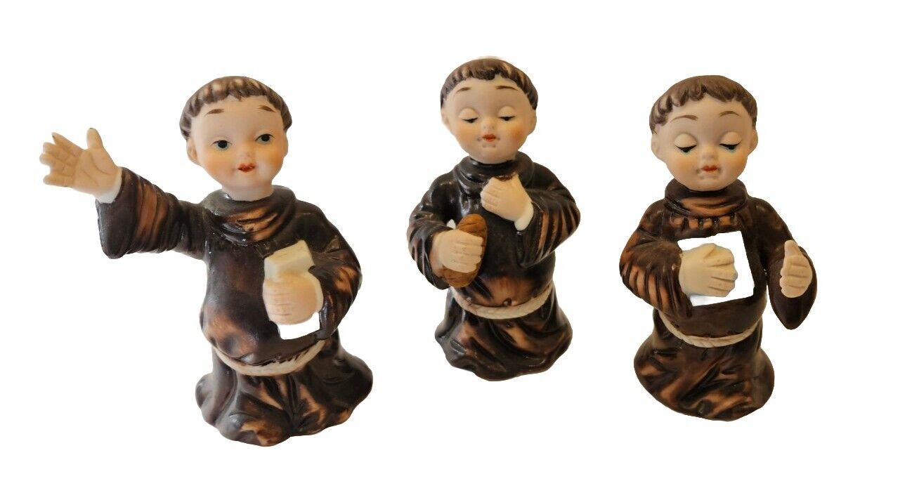 Very Vintage Bisque Porcelain Cute Monk Bell Group Figurine Set of 3 Kitsch