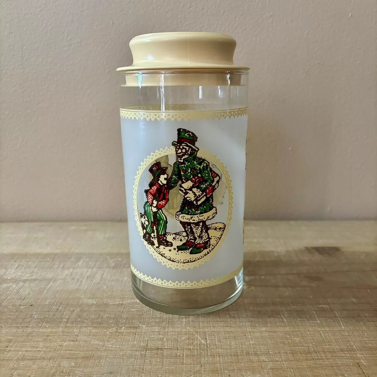Vintage A Christmas Carol Ebenezer Scrooge Charles Dickens Glass Canister w/ Lid