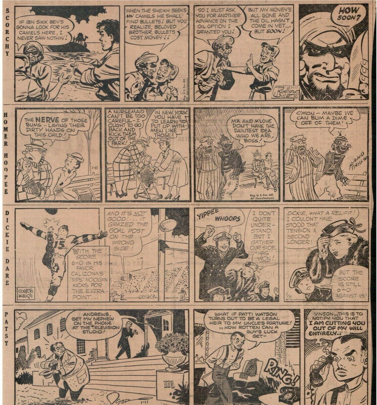 1/11/51 Scorchy/Dickie Dare/Homer Hoopee/Patsy Daily Newspaper Comic Strips 