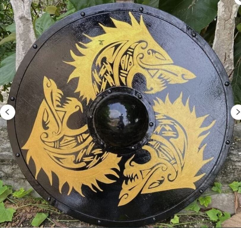 Viking Style Dragon Battleward Round Wood &Steel Black Round Meta Shield Gift