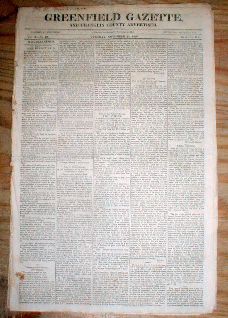 Rare original 1826 GREENFIELD GAZETTE newspaper - FRANKLIN COUNTY Massachusetts