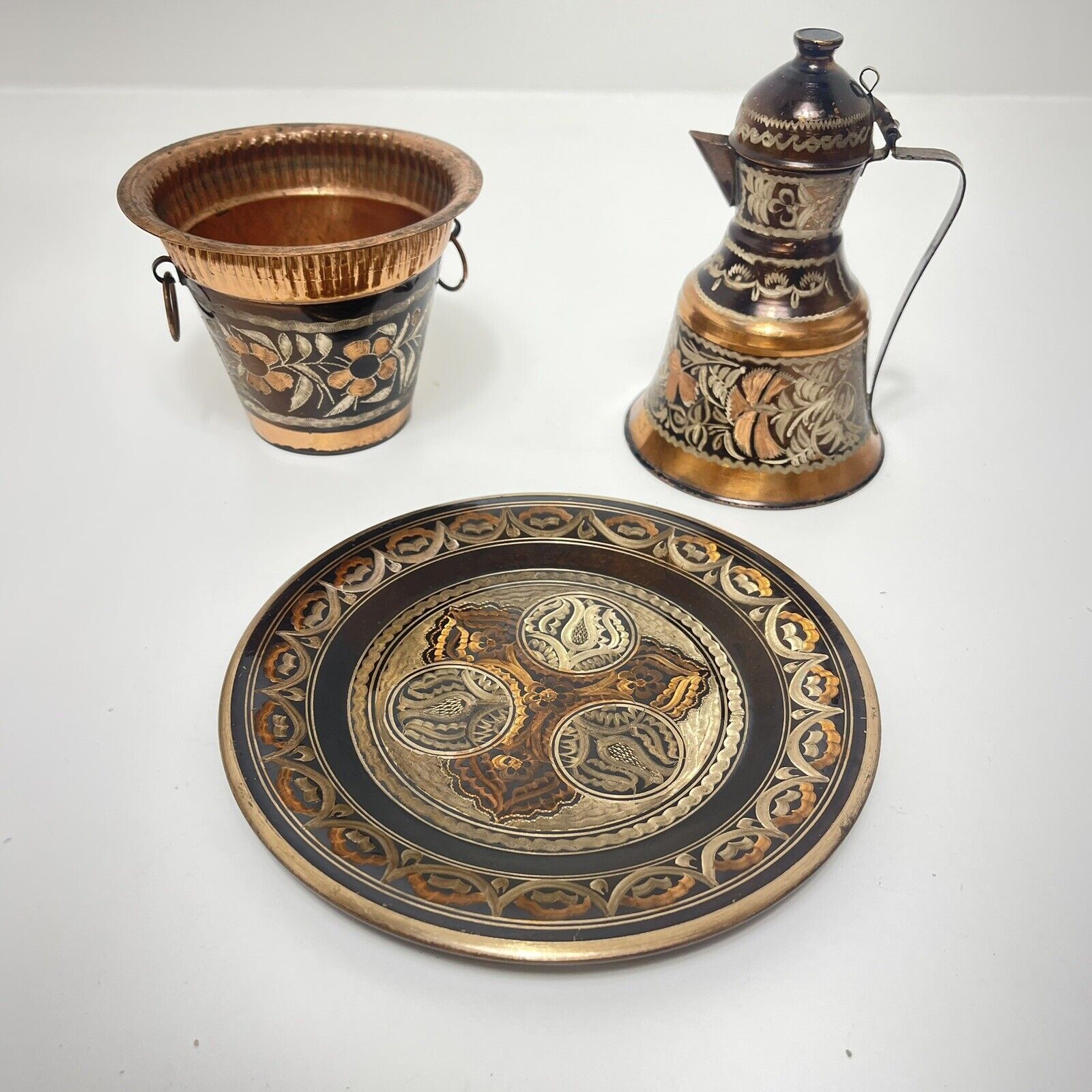 3 Vintage ERZINCANLILAR Copper Handcrafted ETCHED Plate Pot Pitcher FLORAL
