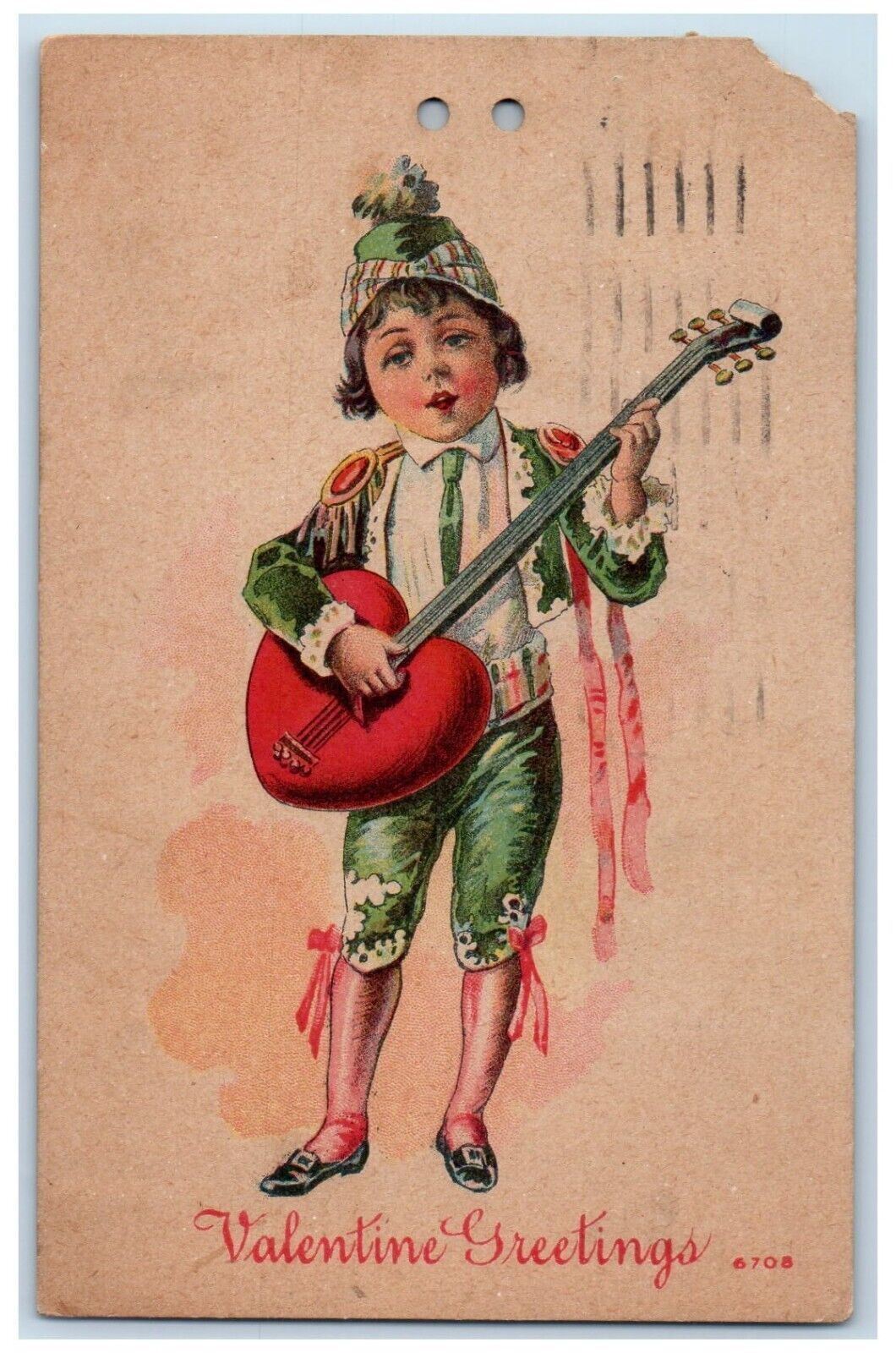 c1910's Valentine Greetings Boy Playing Heart Guitar Winsch Back Postcard
