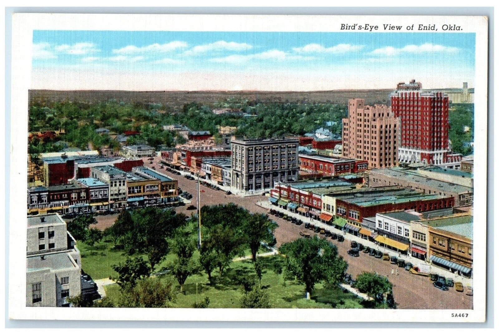 1939 Bird\'s Eye View Of Enid Oklahoma OK Posted Trees Cars Buildings Postcard