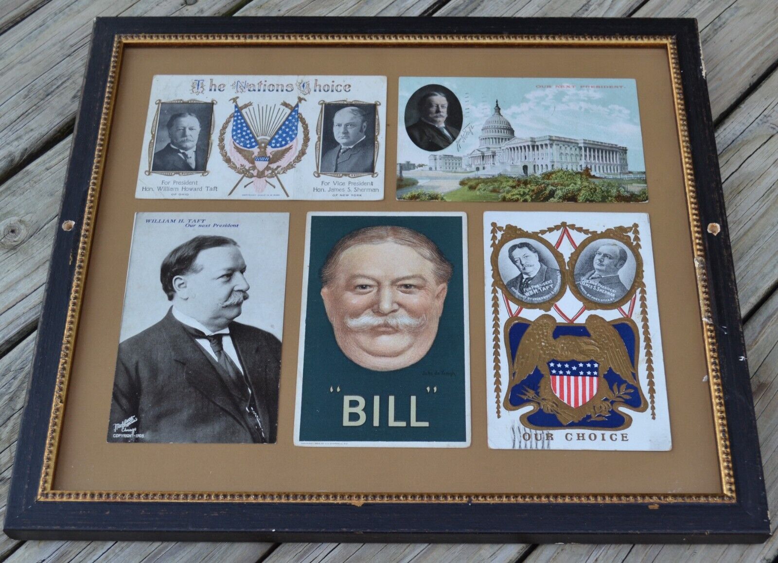 5 Antique William H. Taft  Bill  Postcards Framed James S. Sherman