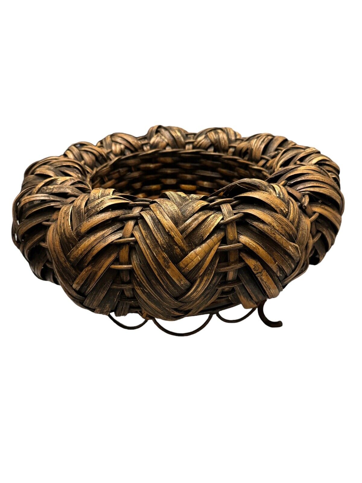 Large Japanese Woven Weaved Bamboo Metal Footed Multi Purpose Basket 17”W x 9”H