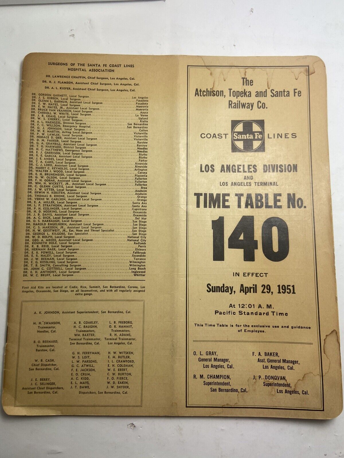 vtg RR Santa Fe Railroad 1951 Time Table 140 Atchison Topeka Railway Los Angeles