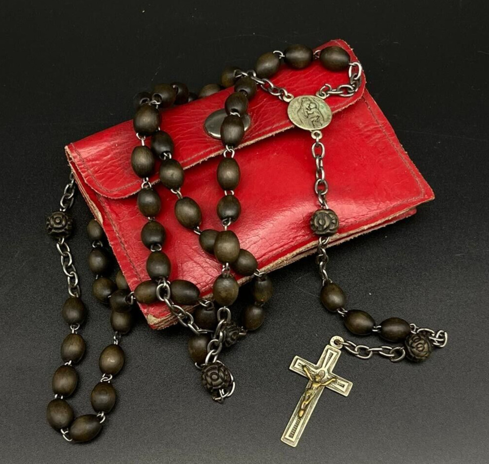 Antique Rosary 1890s French Rare Wood Beads Catholic lourdes With Leather Case†⭐
