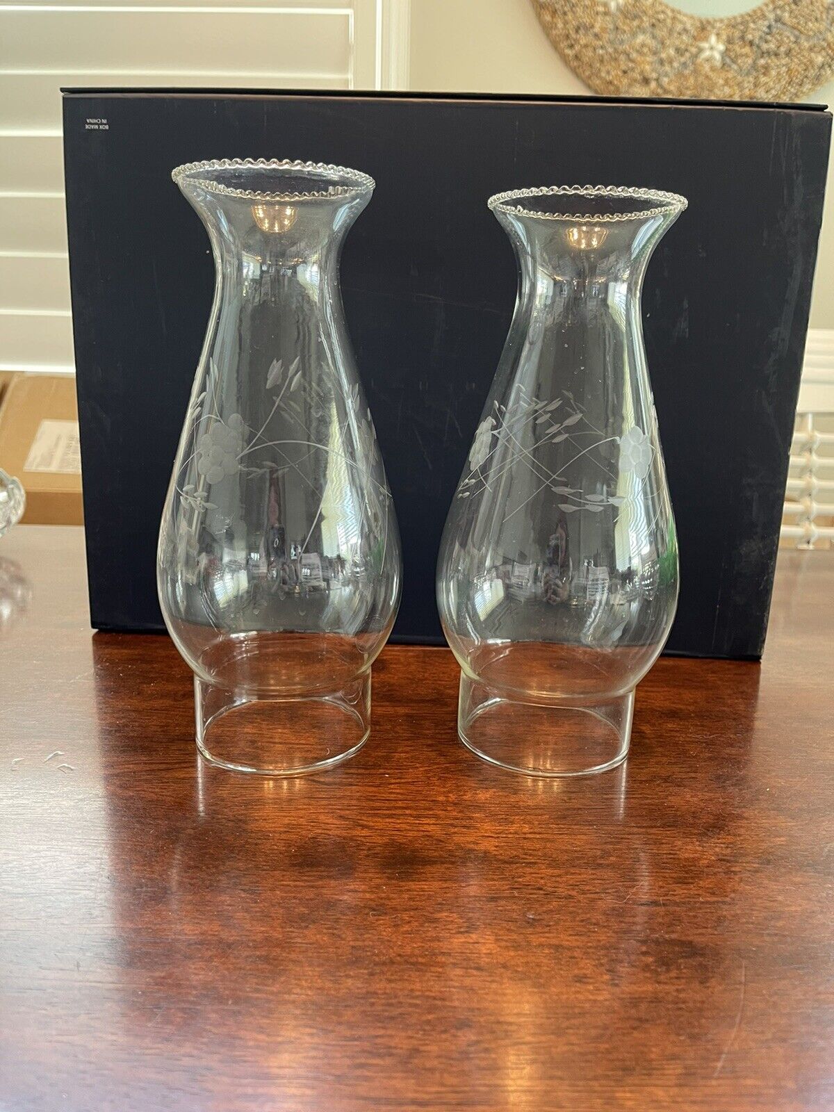 Pair of etched hurricane globes shades 9”