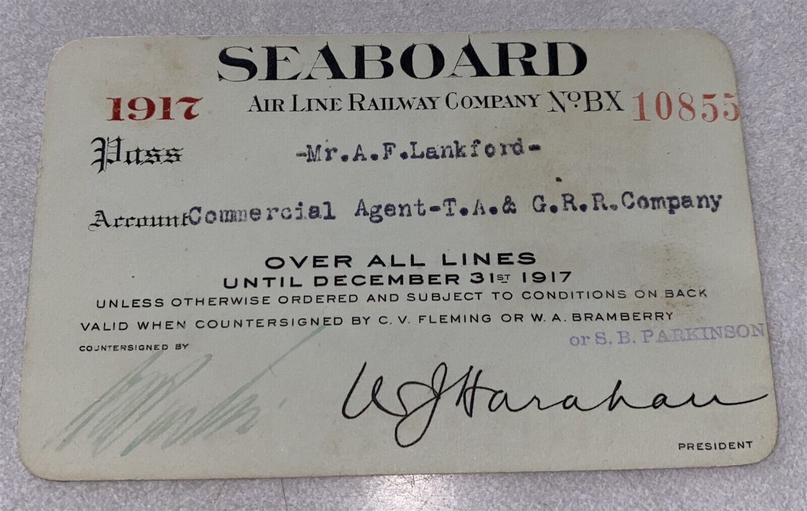 1917 Seaboard Airline Railway Co Railroad Pass Lankford Agent T.A & G.RR
