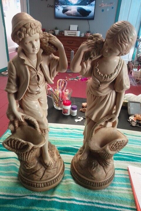 Vintage Pair of Marwal Inc Boy And Girl Tray Chalkware Statues GREAT CONDITION