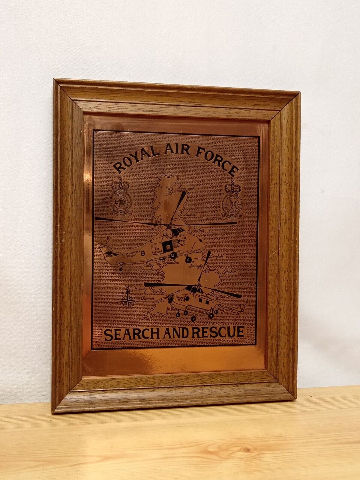Vintage 1980s Royal Air Force Search And Rescue Brass Look Framed Picture 
