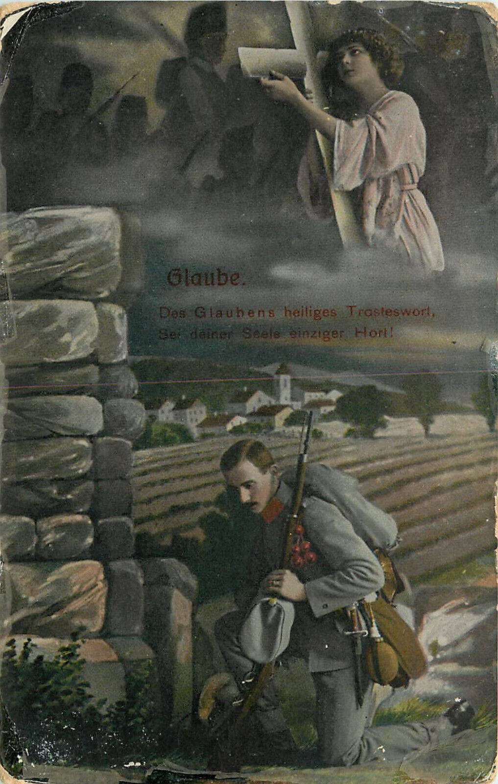 WWI Feldpost Postcard Soldier Kneels and Thinks of Woman Leaning on Cross