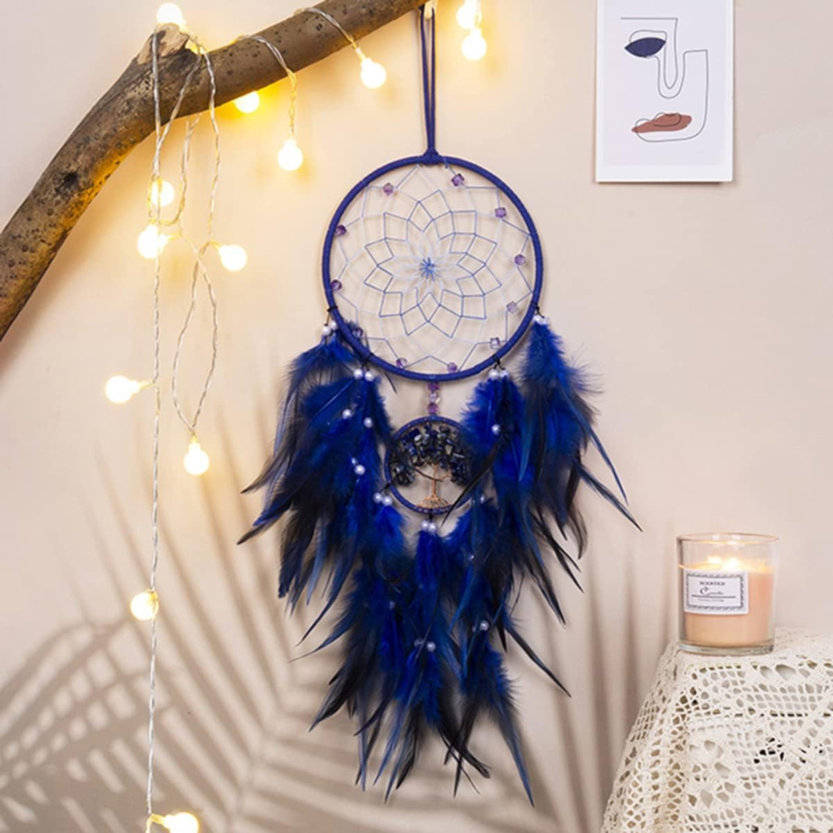 Blue Dream Catchers, Dream Catcher Tree of Life Wall Decor for Bedroom, Handmade