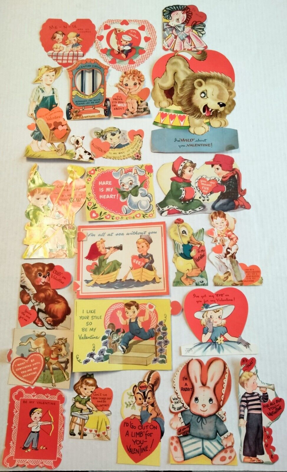 Vtg Mid century Valentine\'s Day Cards  Robin Hood Lion Cow Duck Bear Lt Of 22 ea