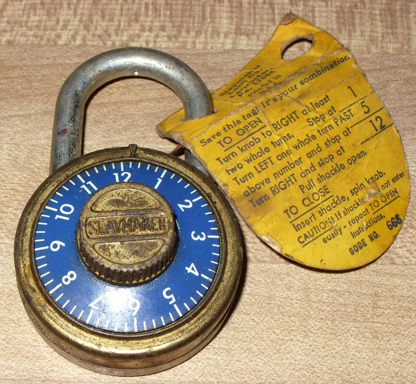 VINTAGE SLAYMAKER BLUE DIAL BRASS COMBINATION LOCK, WORKING WITH COMBINATION