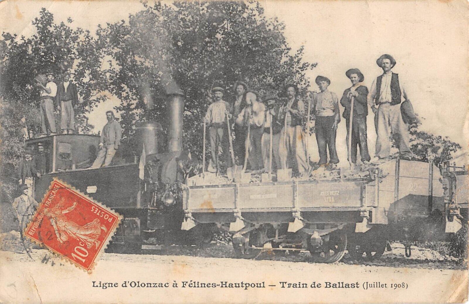 CPA 34 OLONZAC LINE A FELINE TOPOUL / BALLAST TRAIN / JULY 1908 rare