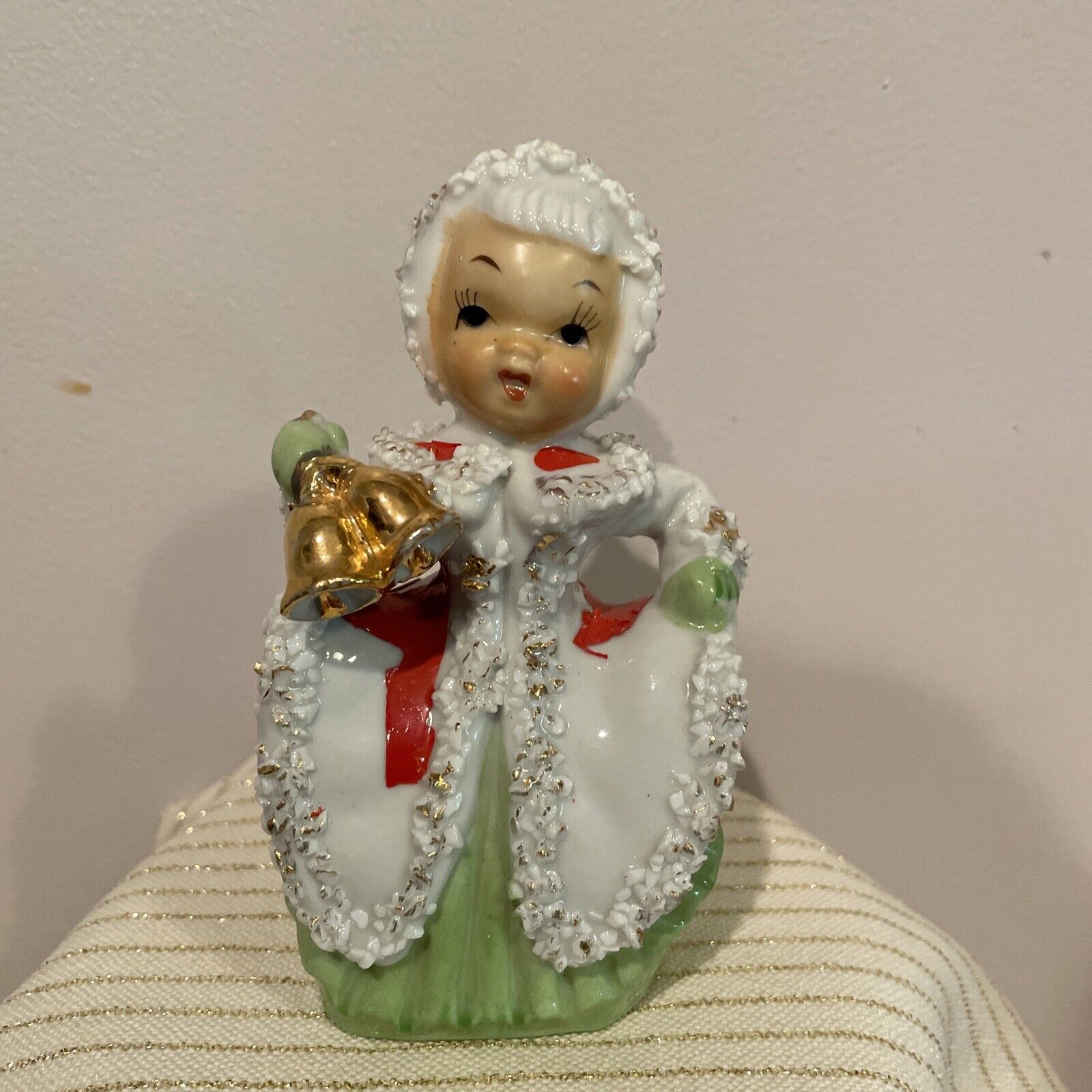 Vintage Napco Christmas Angel Figurine W/ Gold Bells. Spaghetti Trim Wings Off
