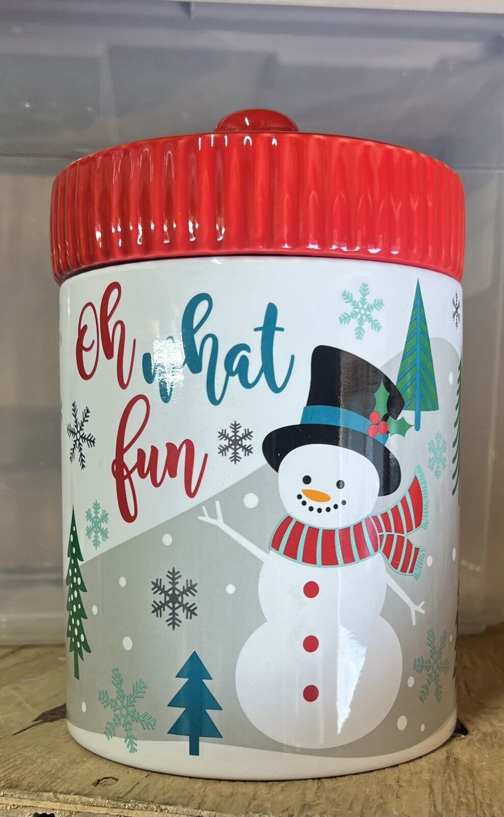 “Oh What Fun” Snowman Cookie Jar Christmas Winter Holiday Canister SCMHome.