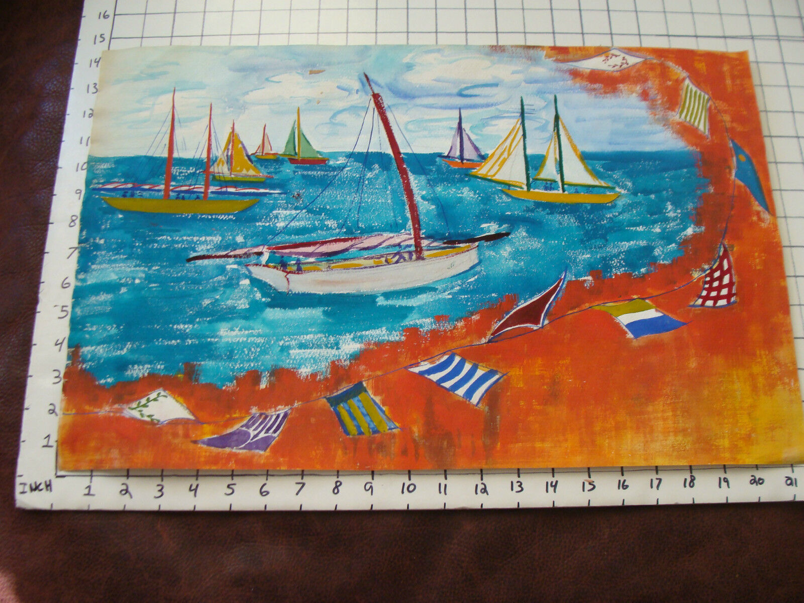Vintage painting: boats and flags unsigned on paper