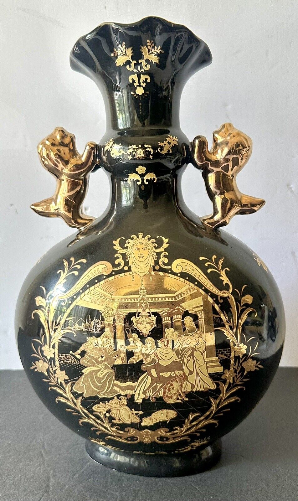 Rare Vintage Limoges France Black 24K Gold Porcelain Big Size Vase w/Lion Handle
